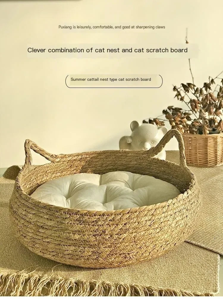 Four Seasons Universal Pure Handmade Vine Woven Cat Nest Seasonal Warmth Pad Detachable Washable Winter Pet Supplies Accessories
